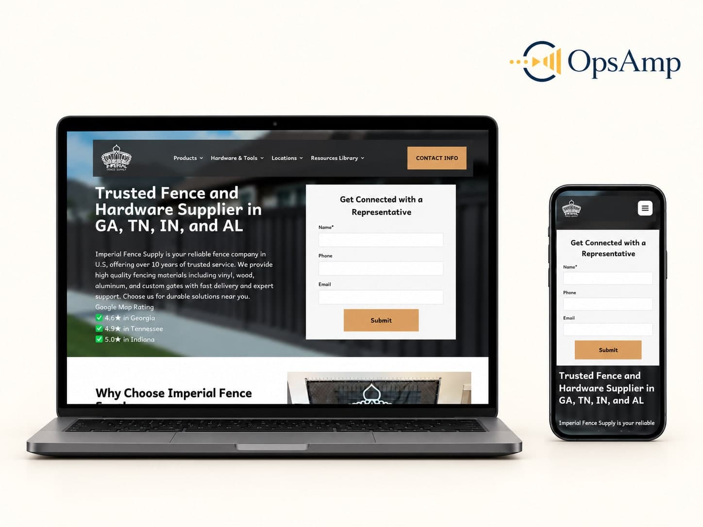 Imperial Fence Supply website by OpsAmp, shown on a laptop and mobile phone.